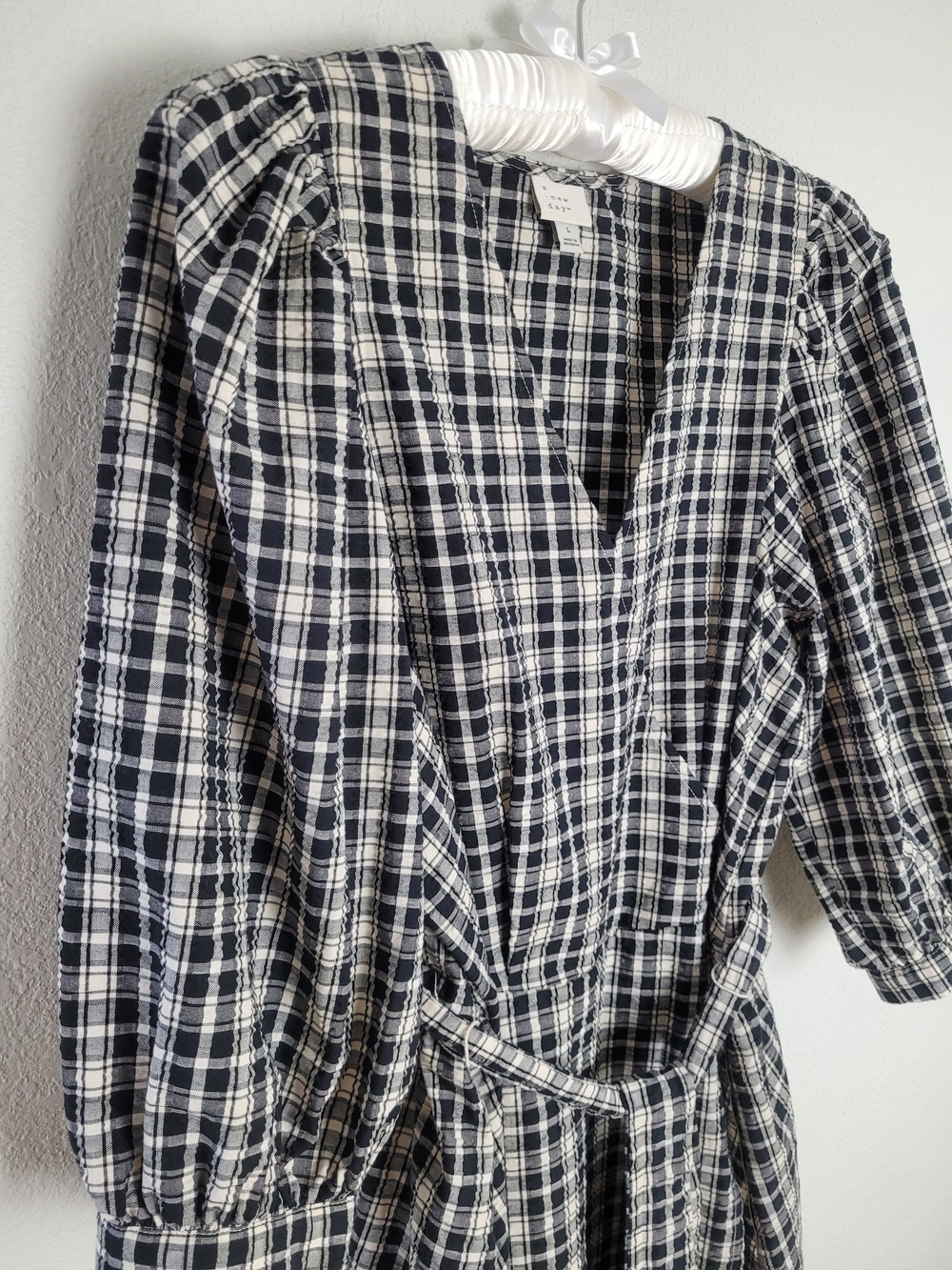 A New Day Black and Cream Plaid Wrap Midi Dress - Picture 7 of 14